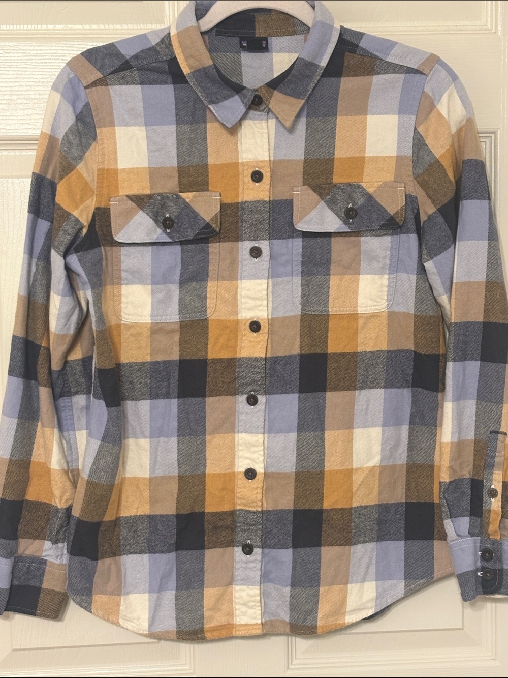 Patagonia Women’s Plaid Button-Down Flannel Shirt in Blue, Yellow Organic Cotton